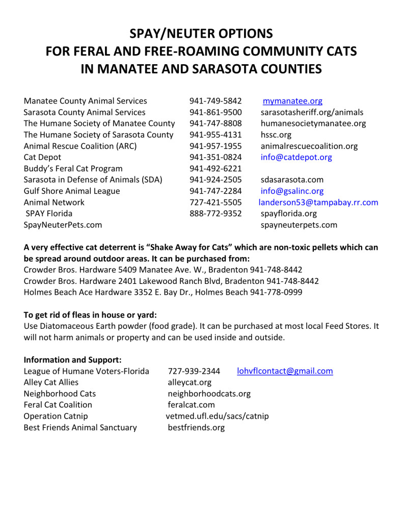 Local options for spaying or neutering feral or free roaming cats in Manatee County and Sarasota County